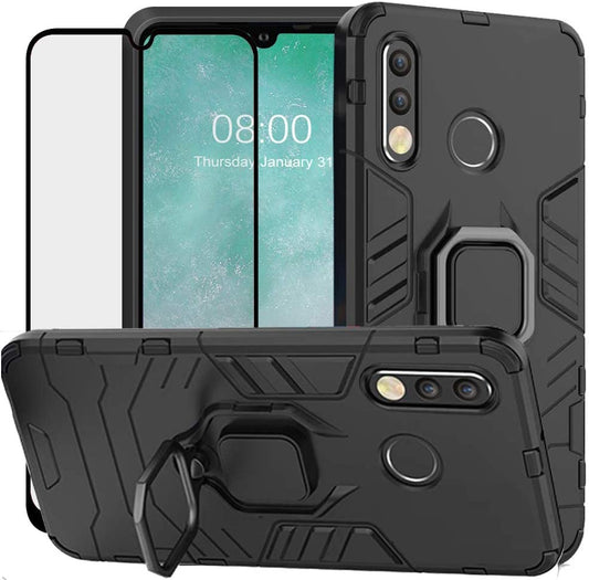 Duolide for Huawei P30 Lite Case, 2 in 1 Hybrid Heavy Duty Armor Shockproof Defender Kickstand Dual Layer Bumper Hard Back Case Cover Tempered Glass Screen Protector，Black  DuoLide   