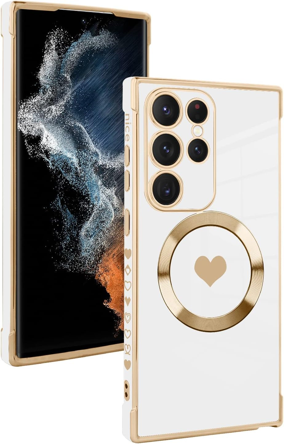 Fiyart Designed for Samsung Galaxy S22 Ultra Case Love Heart Design for Women Girls Soft TPU Plating Full Camera Lens Protection Phone Cover for Galaxy S22 Ultra 6.8"-Pink  Fiyart White Love Heart  