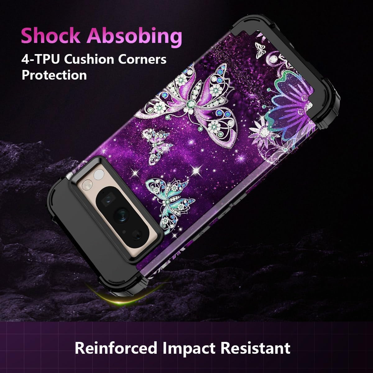 Rancase for Google Pixel 8 Pro Case,Three Layer Heavy Duty Shockproof Full Body Protection Hard Plastic Bumper+Soft Silicone Rubber Protective Girls Case for Google Pixel 8 Pro 6.7 Inch,Butterfly  Rancase   