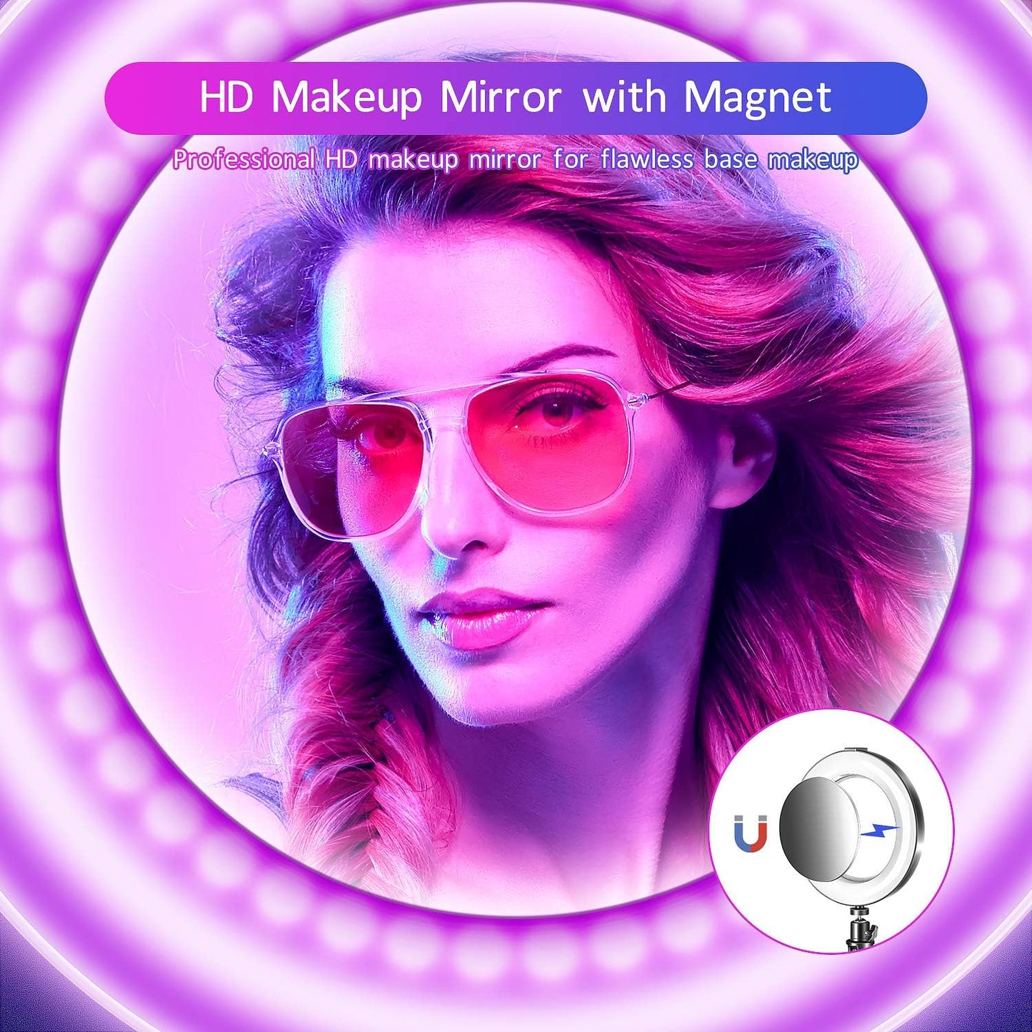 RGB Ring Light,Selfie Ring Light with Tripod Stand/Phone Holder/Hd Mirror, Dimmable LED Ring Light with USB for Make-Up,Youtube Video,Photography,Tiktok,Compatible with Iphone Android  GLANDU   