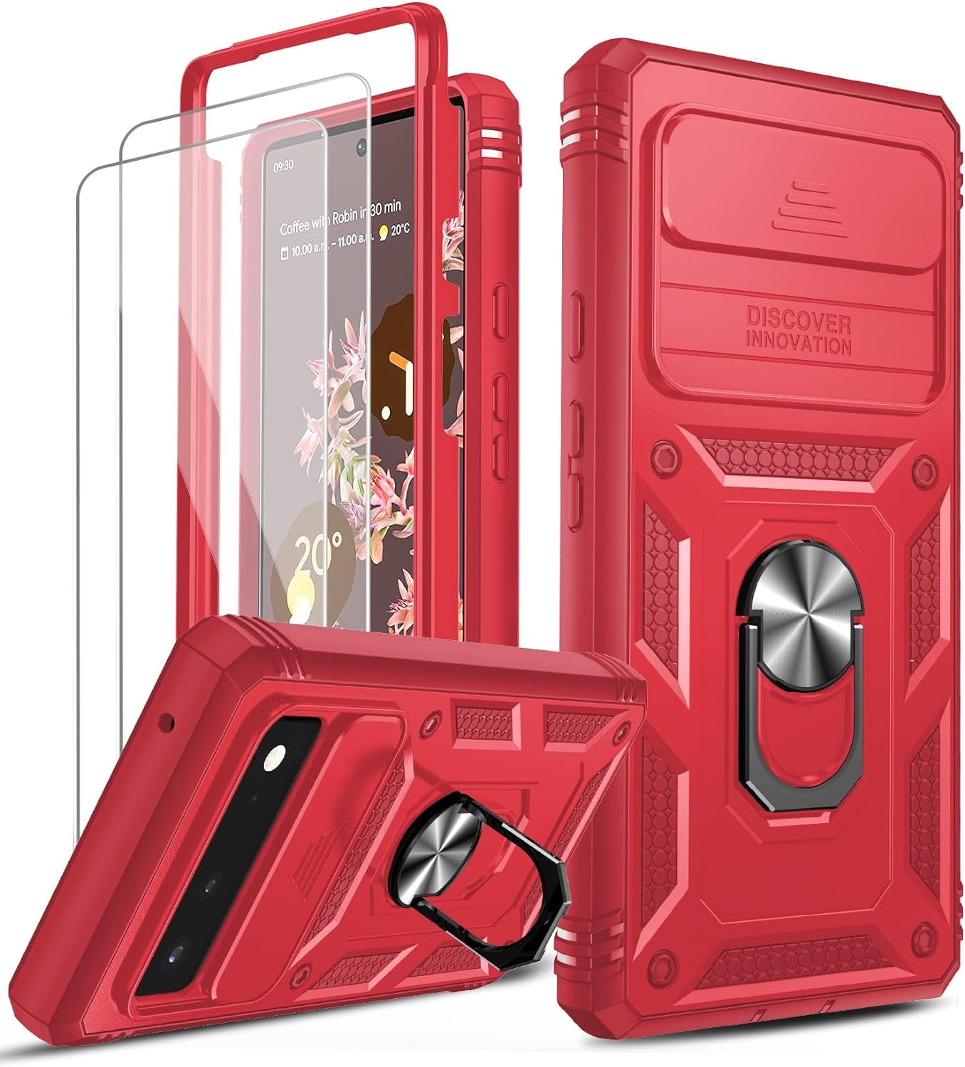 Leyi for Google Pixel 6 Case: Case for Pixel 6 with Slide Camera Cover + [2 Packs] Tempered Glass Screen Protector, 360 Full Body Military-Grade Phone Case with Kickstand for Google Pixel 6, Pink  LeYi Red Google Pixel 6 