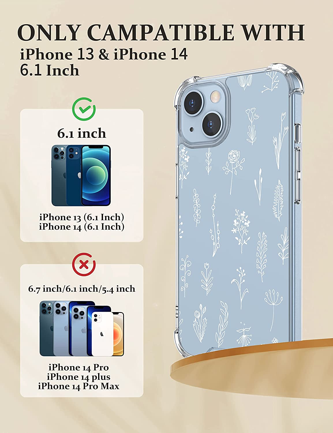 Cutebe [3 in 1 Crystal Phone Case for Iphone 13(2021)/Iphone 14(2022) 6.1", Cute Protective Cover with 9H Temper Glass Screen Protector + HD Temper Camera Lens Protector for Women, Girls  Cutebe   