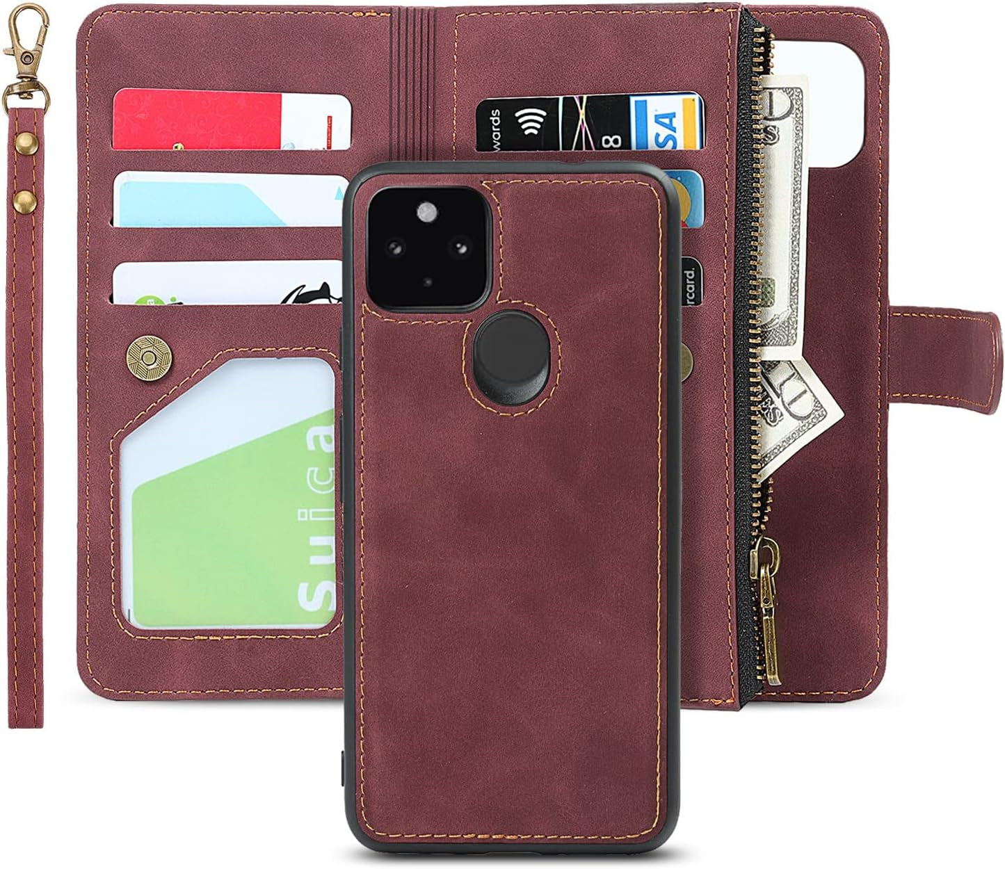 Sailortech Magnetic Detachable 2 in 1 Wallet Phone Case Design for Google Pixel 4A 5G with 6 Card Holder 1 Zipper Coin Wallet 1 Cash Slot Wrist Strap Kickstand for Women Men Wine Red  SAILOR   