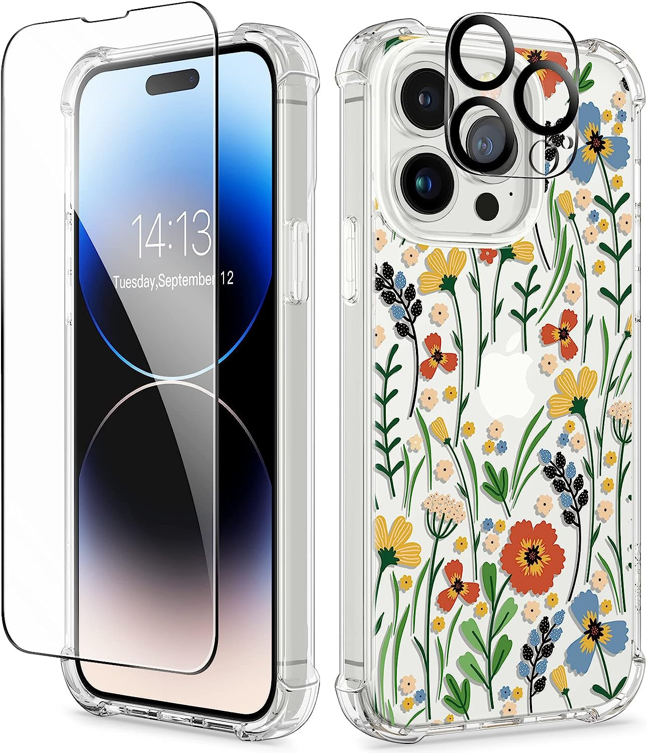 GVIEWIN Compatible with Iphone 14 Pro Case with Screen Protector & Camera Lens Protector, Floral Slim Shockproof Protective Hard PC+TPU Bumper Flower Women Cover, 6.1" 2022(Alluring Butterfly/Purple)  GVIEWIN Blooming Flowerets  