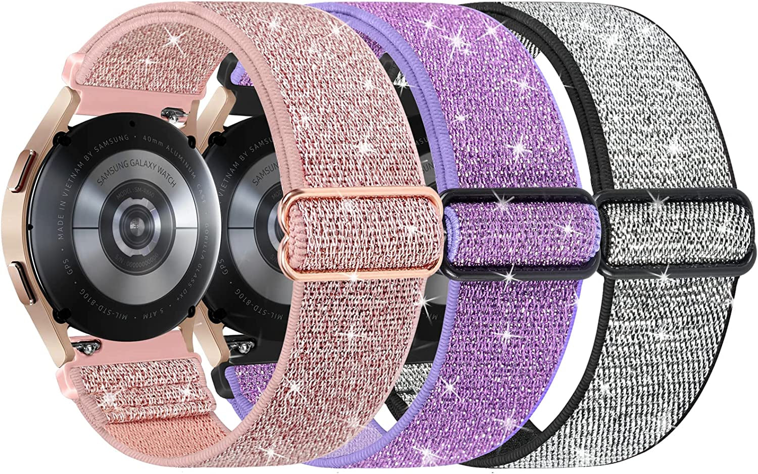 3 Pack Stretchy Watch Bands Compatible with Samsung Galaxy Watch 5 40Mm 44Mm/ Watch 5 Pro 45Mm/ Samsung Galaxy Watch 4 44Mm 40Mm/ Watch 4 Classic 46Mm 42Mm, 20Mm Elastic Nylon Band for Women(Ppb)  ZSMJ   