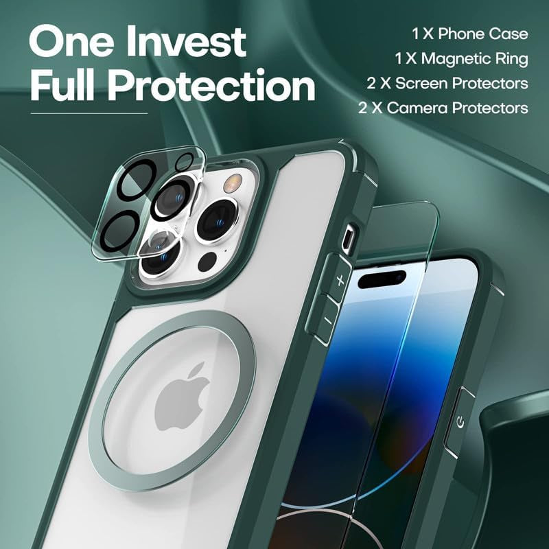 TAURI for Iphone 14 Pro Max Phone Case, [5 in 1] 1X Case [Not-Yellowing] 2X Tempered Glass Screen Protector + 2X Camera Lens Protector, [Military-Grade Drop Protection] Slim Phone Case 6.7 Inch-Green  TAURI   