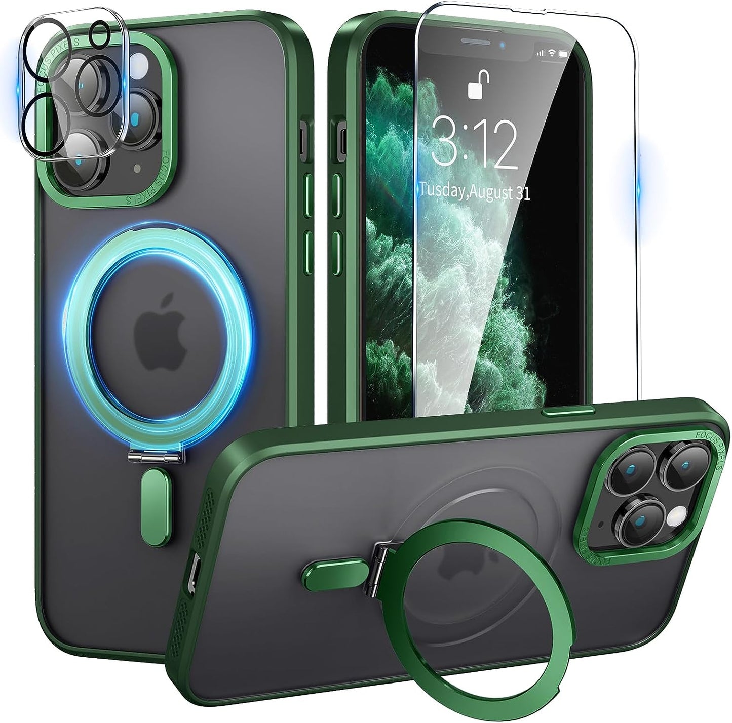 Niufoey Magnetic Stand Case for Iphone 14 Pro Max Case with Invisible Stand,[Compatible with Mag Safe][Translucent Matte Case][Tempered Glass Screen Protector+Camera Lens Protector] 6.7 Inch, Black  niufoey Green  