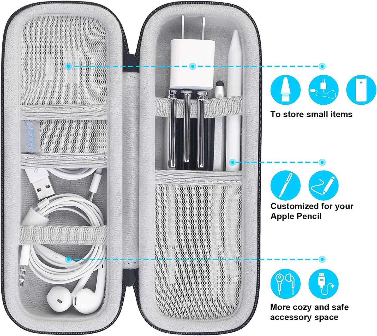 Lacdo Apple Pencil Case Holder for Apple Pencil 2Nd/1St, Ipad Pro Pen Pencil, Apple Pen Accessories, Samsung Huawei Stylus, USB Cable, Earphone Hard EVA Protective Carrying Case Bag, Black  Lacdo   