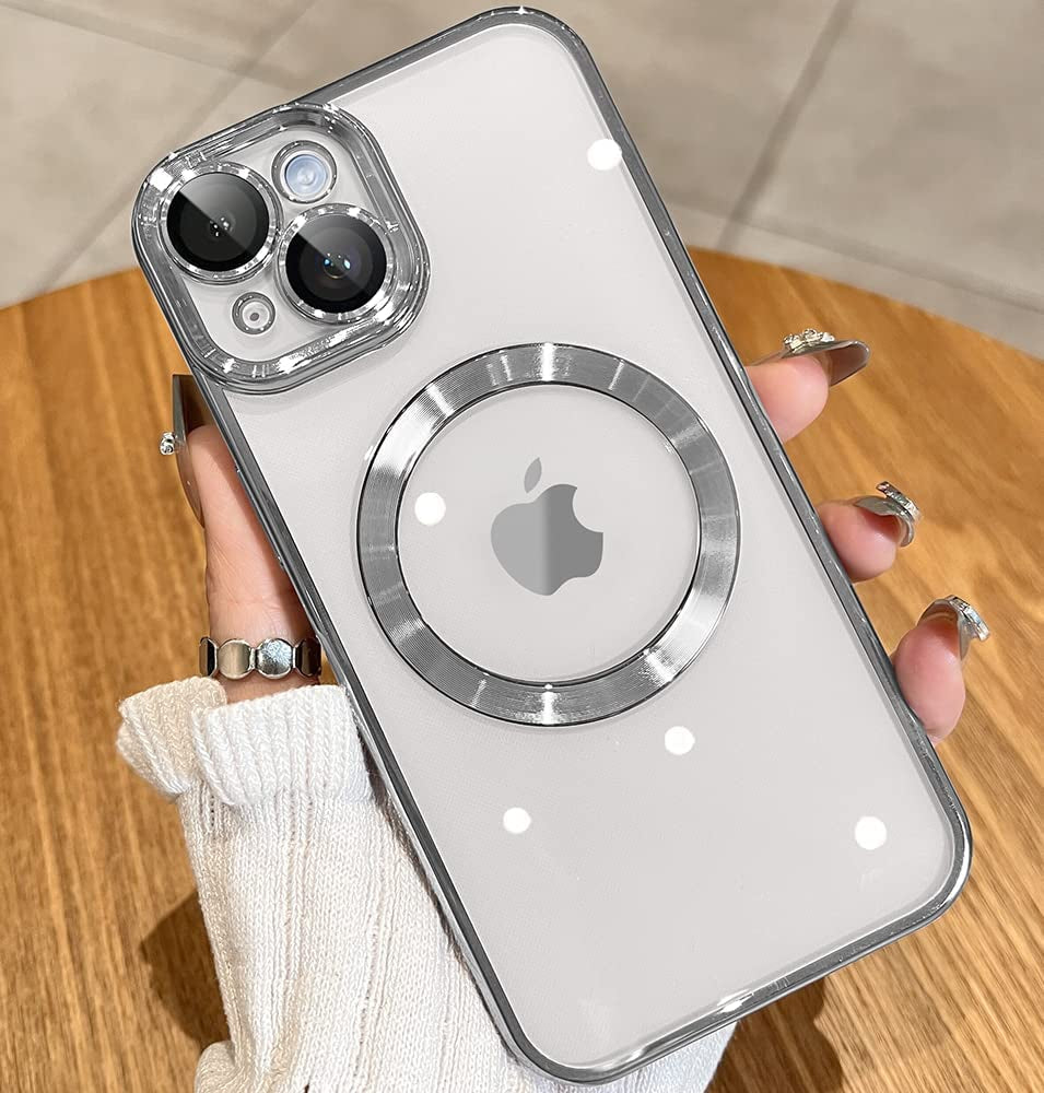 JUESHITUO Magnetic Matallic Glossy Clear for Iphone 14 Case with Full Camera Cover Protection [No.1 Strong N52 Magnets] [Military Grade Drop Protection] for Women Girls Phone Case (6.1")-Sierra Blue  JUESHITUO E-Sliver  