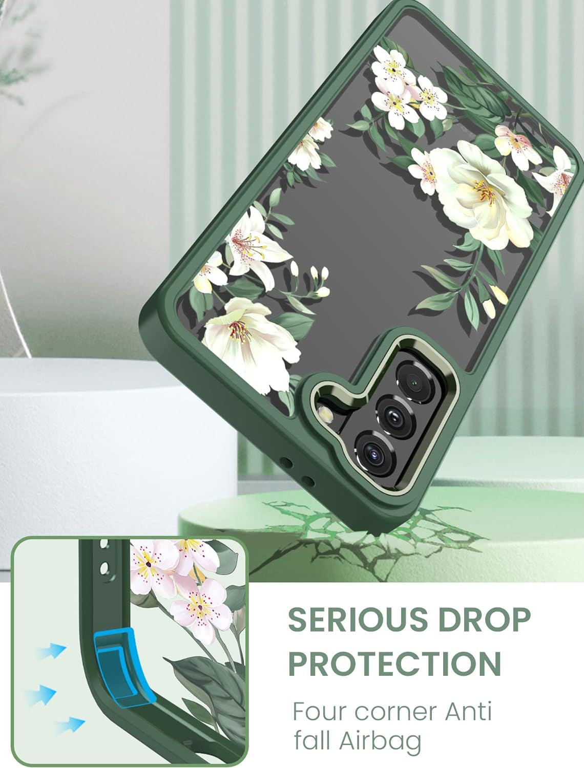 Dretal for Samsung Galaxy S21 5G Case Floral, Military Grade Drop Tested Hard Back & Soft Edge Slim Flower Women Girls Phone Protective Cover + Tempered Glass Screen Protector for Galaxy S21（Green  Dretal   