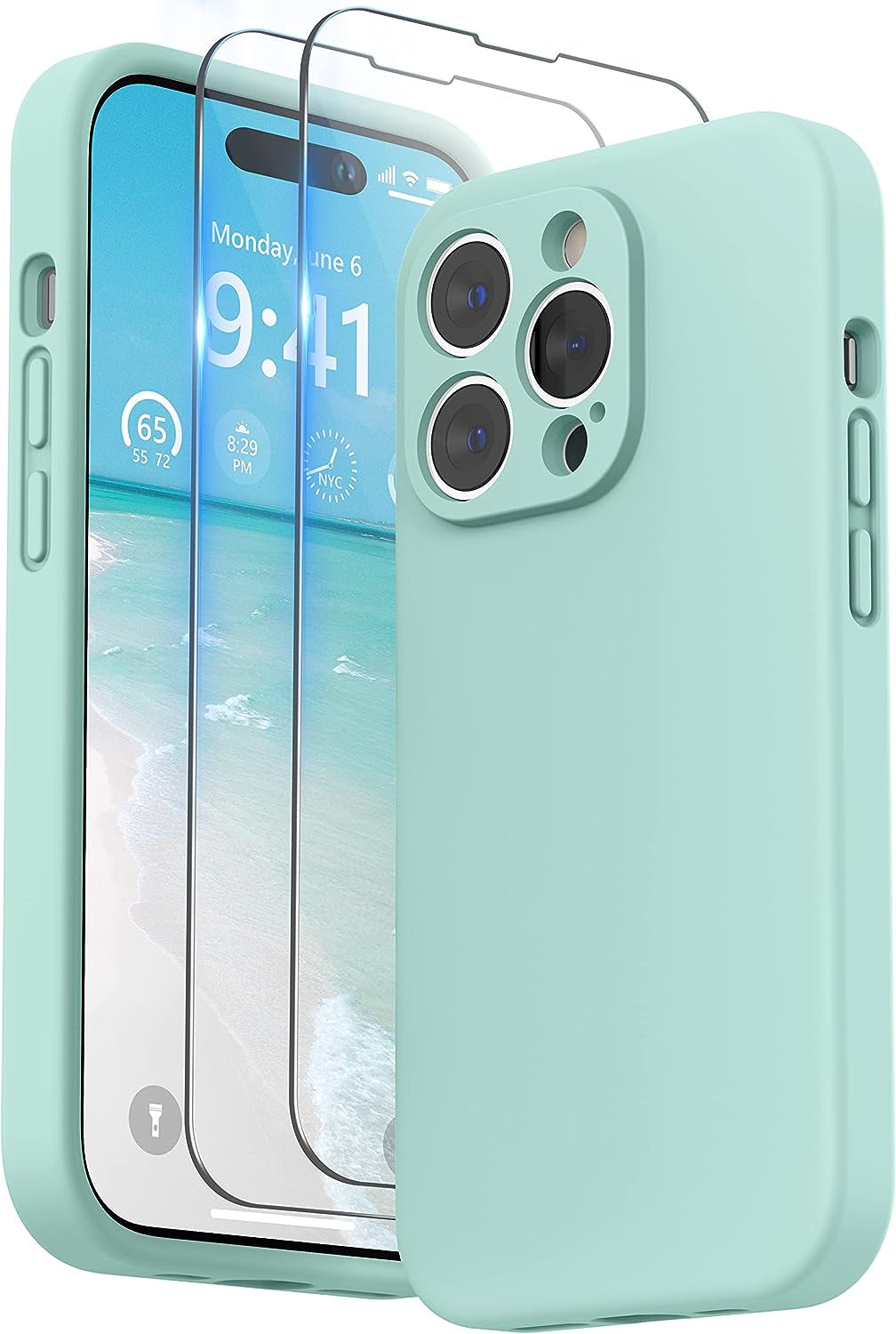 SURPHY Designed for Iphone 14 Pro Case with Screen Protector, (Camera Protection + Soft Microfiber Lining) Liquid Silicone Phone Case, Cactus Green  SURPHY Mint Green  