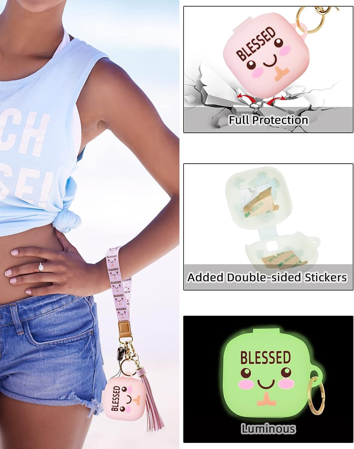 Beats Fit Pro Case Cover with Wristlet Keychain, Cute Luminous Beats Fit Pro Case YOPICKERN Silicone Earbuds Case with Wrist Key Lanyard for Beats Fit Pro 2021/2022, Gift for Women, Pink  YOPICKERN   