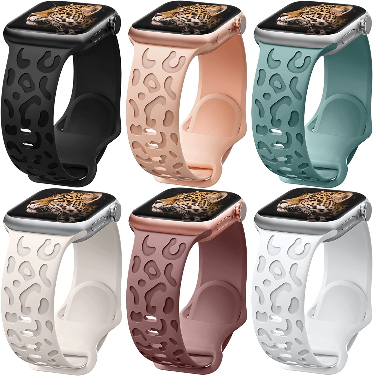 6 Pack Leopard Engraved Band Compatible with Apple Watch Band 38Mm 44Mm 45Mm 49Mm, Waterproof Cheetah Sport Silicone Wristbands Replacement for Iwatch Series 8 7 6 5 4 3 2 SE for Women Starlight-42  TurnForY   