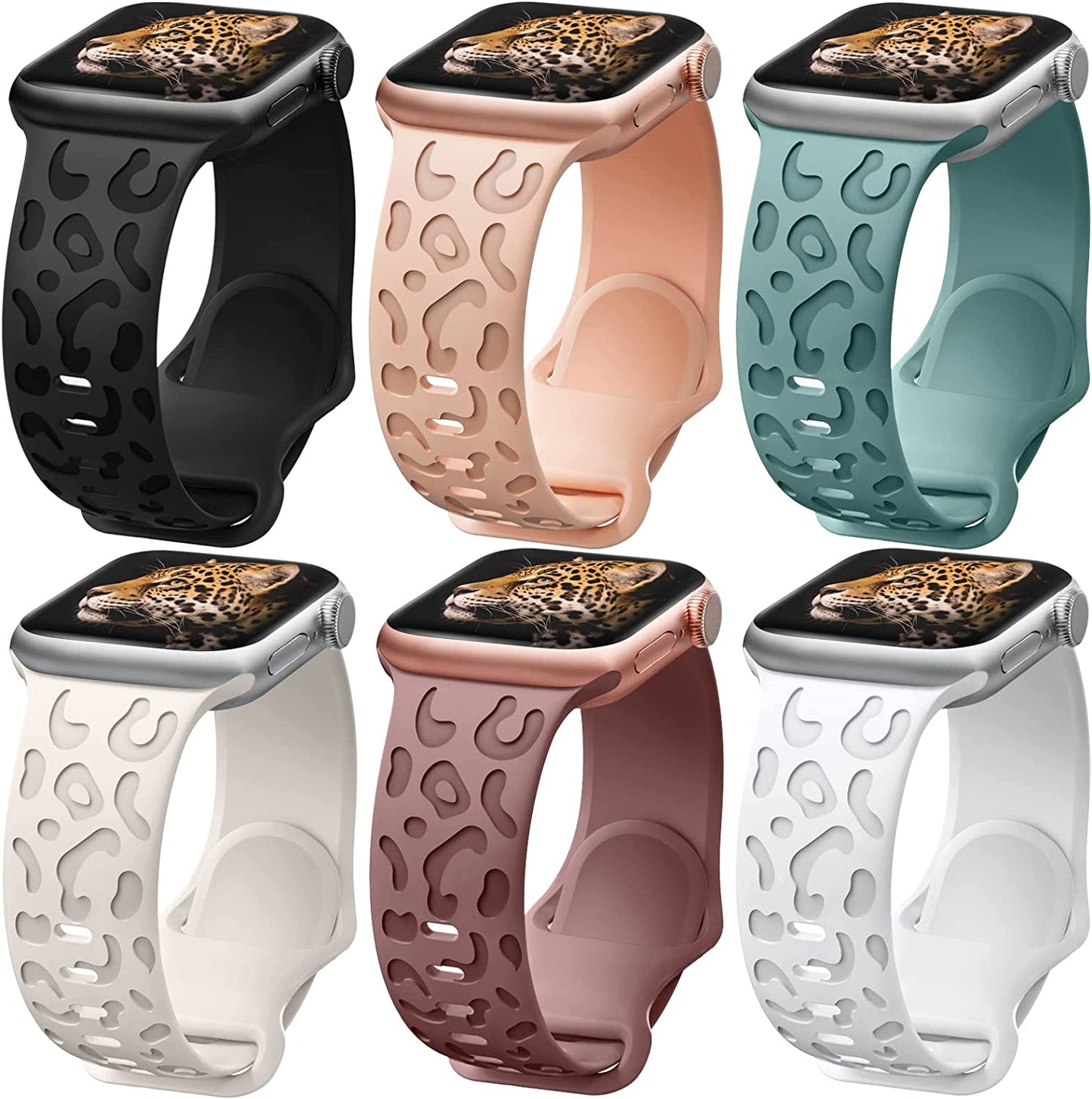 6 Pack Leopard Engraved Band Compatible with Apple Watch Band 38Mm 44Mm 45Mm 49Mm, Waterproof Cheetah Sport Silicone Wristbands Replacement for Iwatch Series 8 7 6 5 4 3 2 SE for Women Starlight-42  TurnForY   