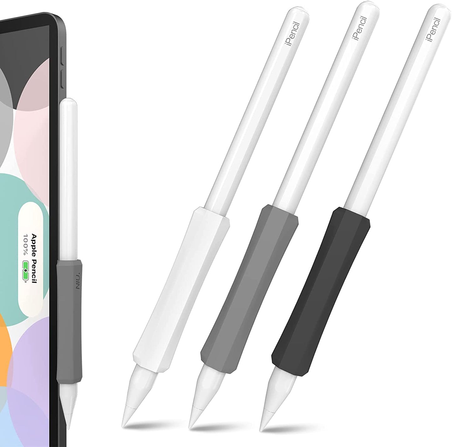 NIUTRENDZ 3 Pack Apple Pencil Grip Silicone Case Accessories Cover Ergonomic Design Sleeve Compatible with Magnetic Charging and Double Tap (Apple Pencil 2Nd Generation, White + Grey + Black)  NIUTRENDZ   
