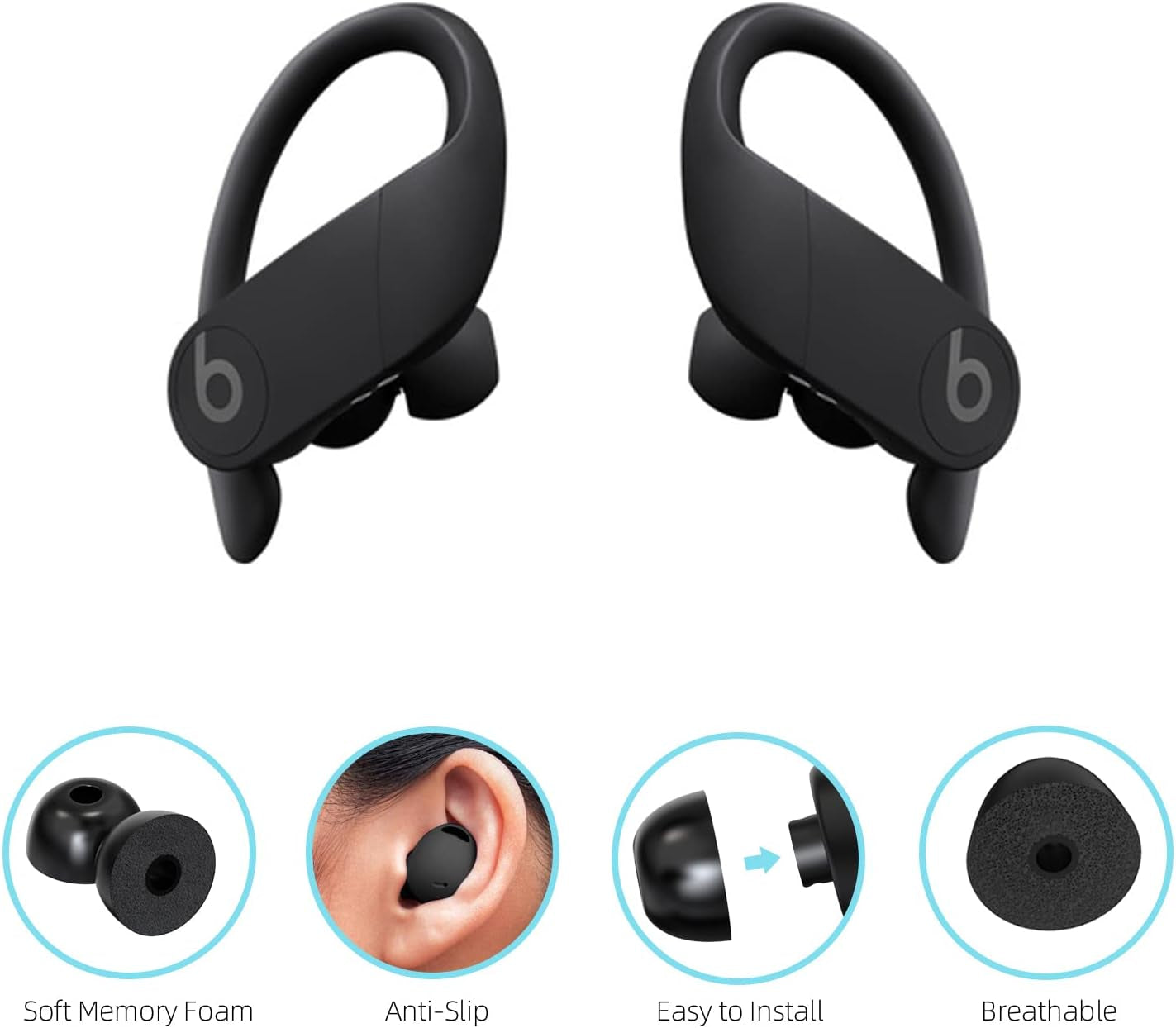SEICHYGO Memory Foam Ear Tips for Beats Powerbeats Pro/Beats Powerbeats 2 & 3, Anti-Slip Replacement Ear Tip, No Silicone Eartips Pain, with Storage Box & Fit Charging Case, 3 Pairs (S/M/L, Black)  SEICHYGO   