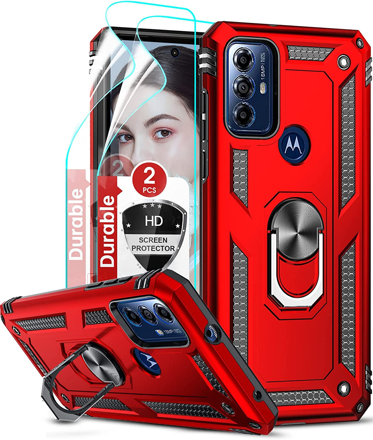 Leyi for Motorola G Play 2023 Phone Case, Moto G Play Case with Screen Protector for Girls Boys, [Military-Grade] Heavy Duty Case with Magnetic Metal Ring Kickstand for Moto G Play 2023, Purple  LeYi Red  