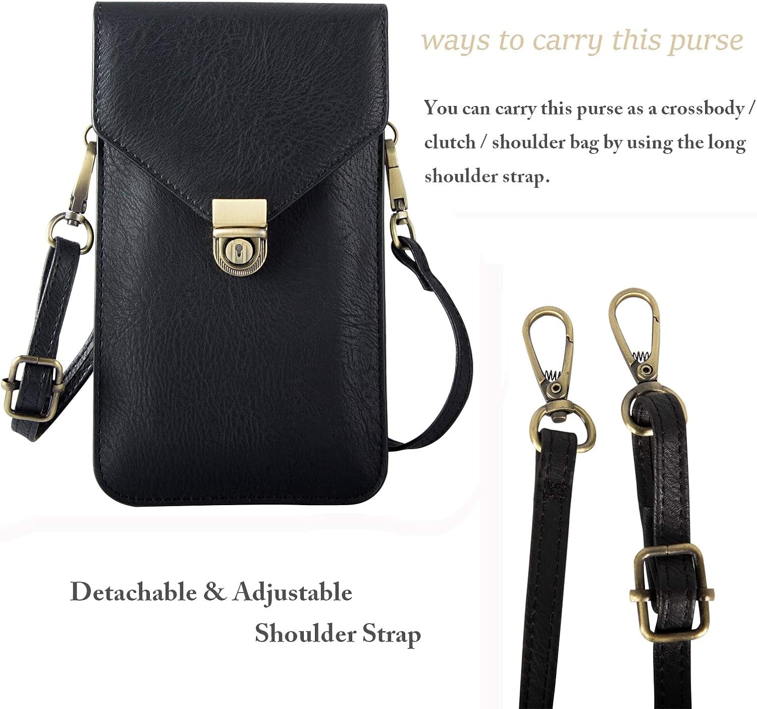 Techcircle Small Cell Phone Purse, Synthetic Leather Crossbody Bag Dual Pockets Card Holder Neck Pouch with Adjustable Strap for Iphone X Xr 8 7 6S Plus, Galaxy S10 S9 S8 Plus, LG G8 Thinq, Black  Techcircle   