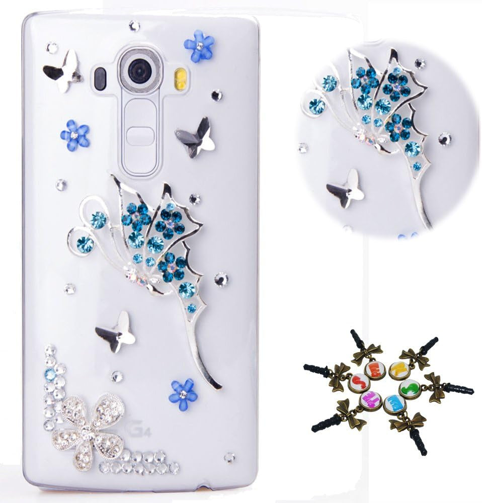 STENES LG G7 Case, LG G7 Thinq Case - STYLISH - 100+ Bling Crystal - 3D Handmade Bling Camellia Flowers Design Protective Cover Case for LG G7 Thinq - White  STENES Fairy Butterfly Flowers / Blue  
