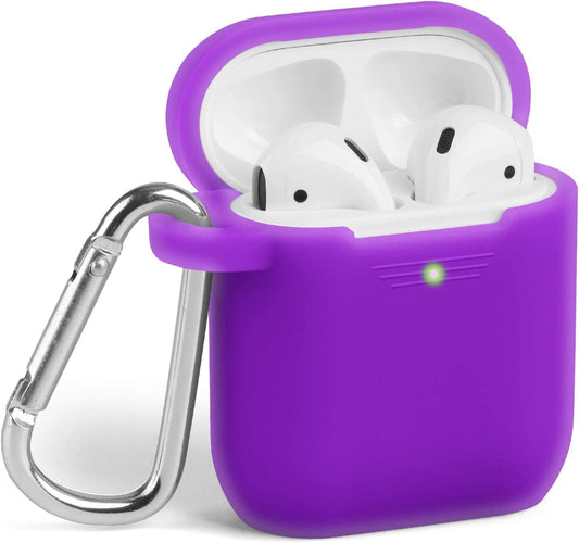 Airpods Case, GMYLE Silicone Protective Shockproof Case Cover Skins with Keychain Compatible with Apple Airpod 2 and 1 Charging Case, Bright Purple [Front LED Visible]  GMYLE   