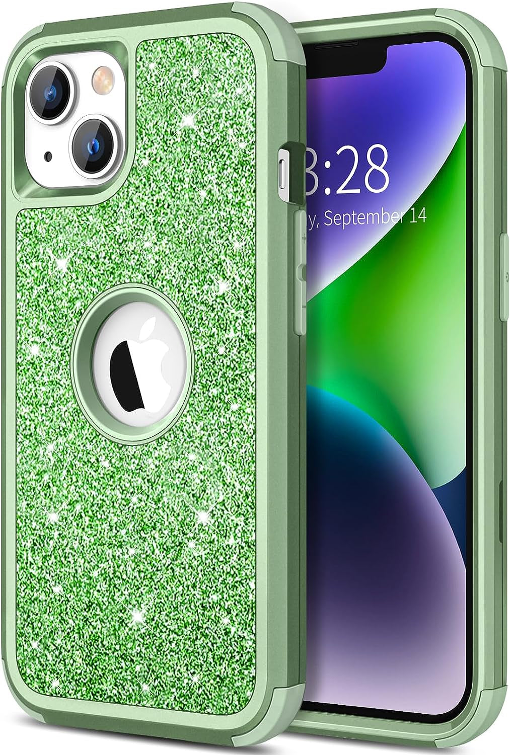 Hython for Iphone 14 plus Case, Heavy Duty Full-Body Defender Protective Phone Cases Glitter Bling Sparkle Hard Shell Hybrid Shockproof/Drop Proof 3-Layer Military Rubber Bumper Cover for Women Girls  Hython Light Green  