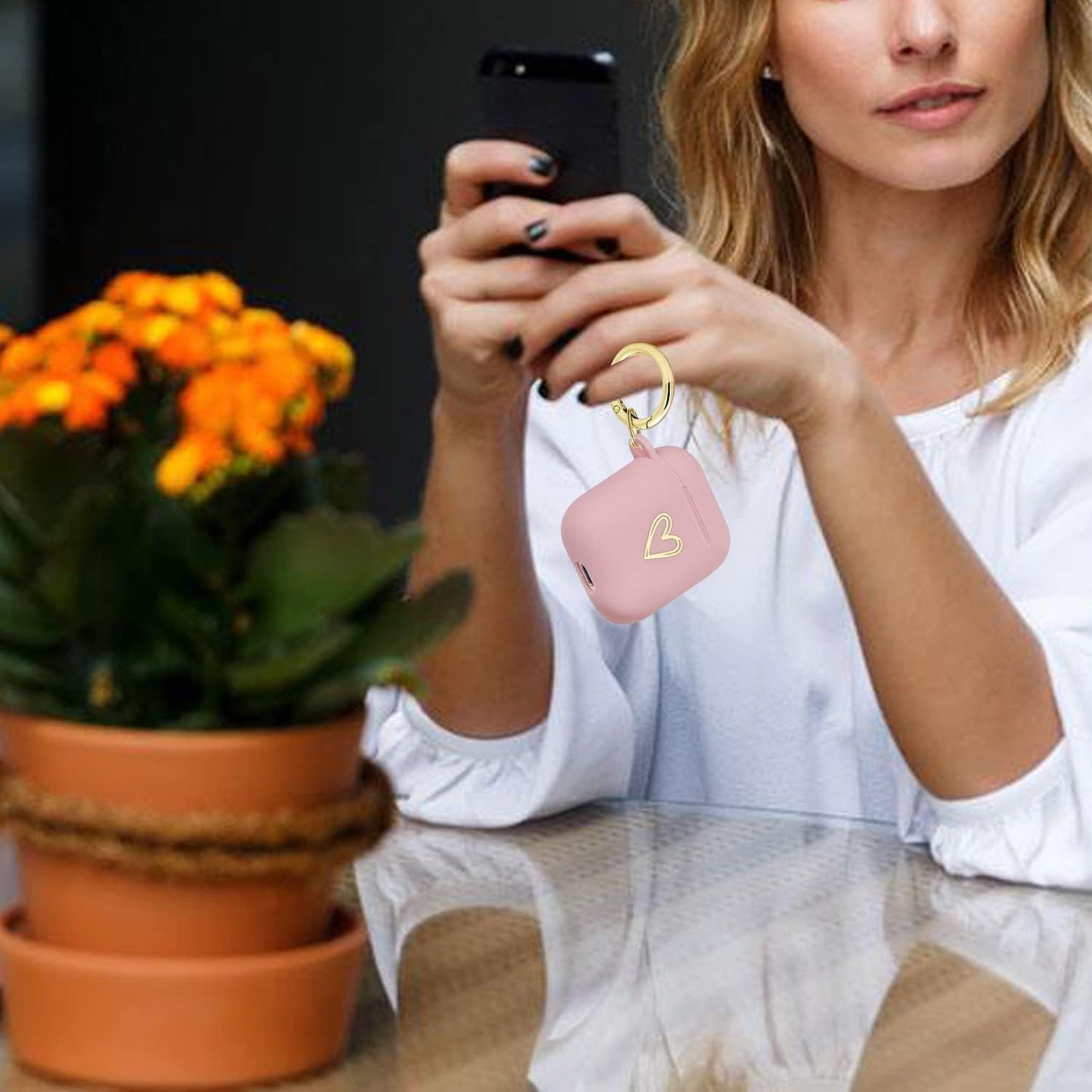 Wonjury Airpods Case Cute Soft TPU Gold Heart Pattern with Keychain Shockproof Cover Case for Girls Woman Apple Airpods 2 &1 - Pink  Wonjury   