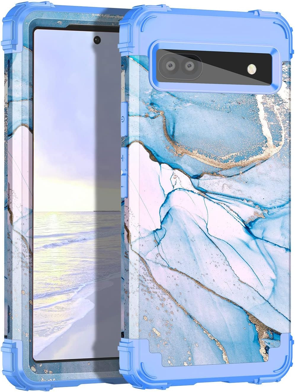 Hekodonk Google Pixel 6A Case (2022) - Heavy Duty Shockproof Hybrid Protection, Hard Plastic & Silicone Rubber, 3-In-1 Drop Protective - Blue Golden  Hekodonk Pink Blue Marble  