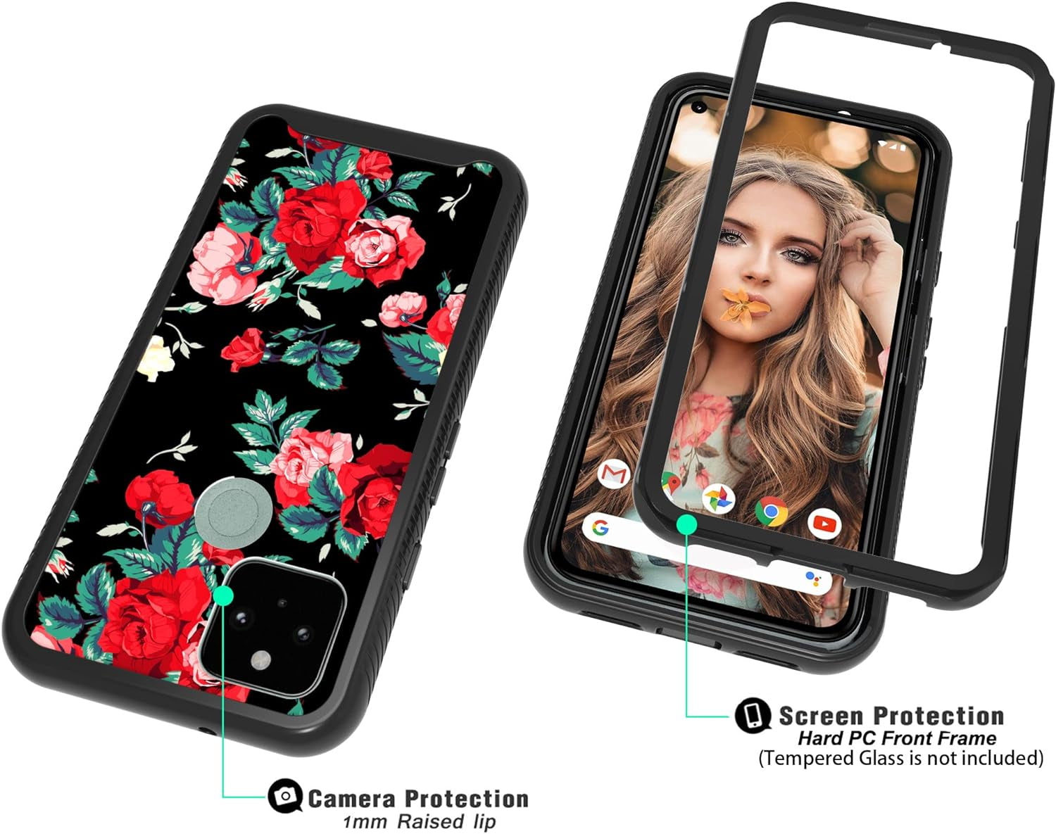 MGAH Pixel 5 Case with Roses Design,Google Pixel 5 Phone Case,Hybrid Triple Layer Armored Protective Cover Flexible Sturdy Anti-Scratch Shockproof Bumper Cute Case for Women and Girls-Flowers/Black  MGAH   