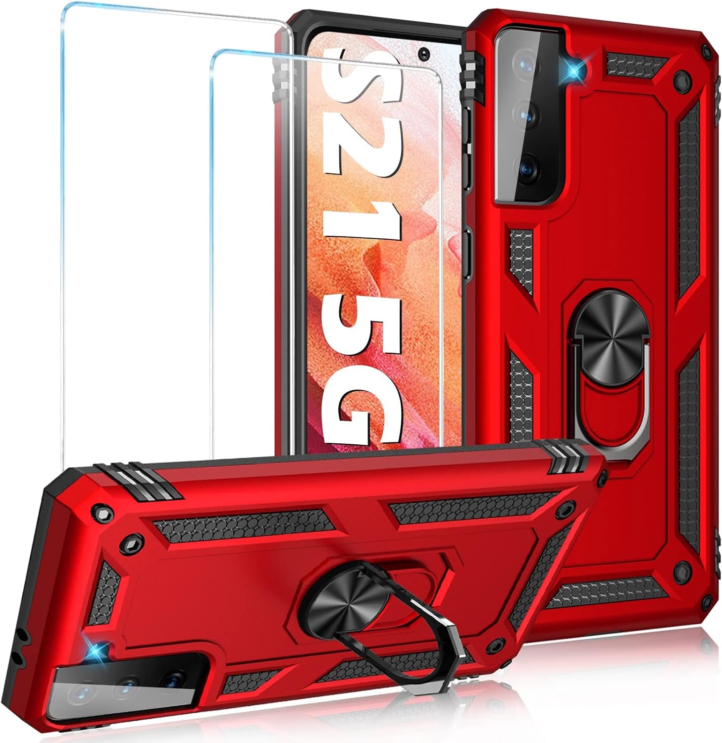 Case for Samsung Galaxy S21 5G Case Heavy Duty with Built in Screen Protector Hard Armor Military Anti-Fall Bumper Cover for Samsung S21 5G 6.2 2021 Phone Cases with Magnetic Ring Kickstand (Pink)  niter Red  