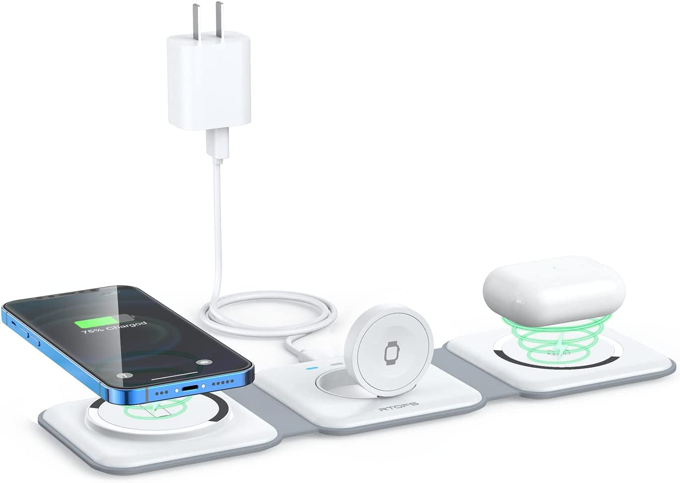 Wireless Charger 3 in 1,RTOPS Magnetic Travel Wireless Charging Station Multiple Devices,Gan 3 in 1 Charging Station,Compatible for Iphone 14/13/12/Pro/Max,Iwatch,Airpods 3/2/Pro(Adapter Includes)  DongGuanShi WeizhiChuang Technology Co., Ltd   