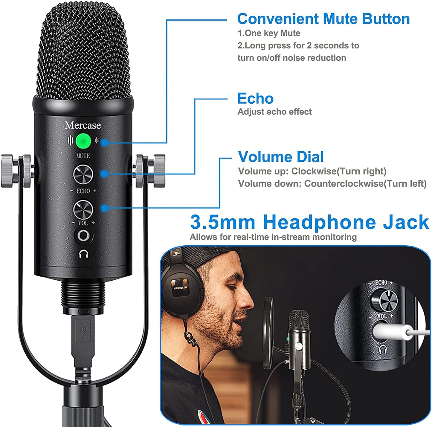 Mercase USB Microphone for Mac,Pc,Phone Mic for Sing,Asmr,Podcast with Mute Button,Noise Cancelling,Headphone Output and Volume Control,Mic Gain Control for Vocal,Youtube Podcast on Mac and Windows  Mercase   