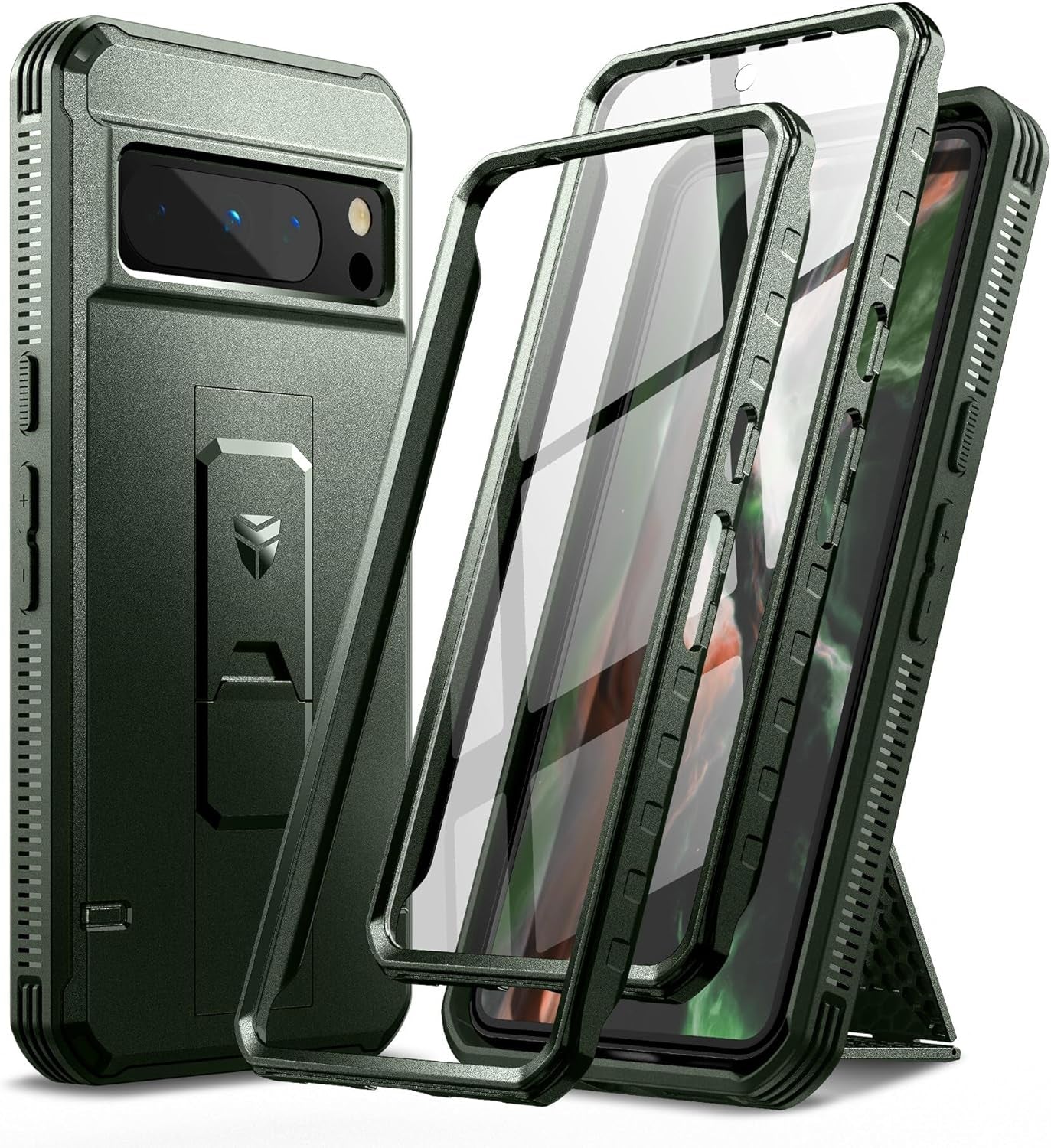 Dexnor Full Body Case for Google Pixel 8 Pro, Built-In Screen Protector and Kickstand, [Extra Front Frame] Heavy Duty Military Grade Protection Shockproof Rugged Cover Case for Pixel 8 Pro 5G, Red  Dexnor Army Green Pixel 8 Pro 