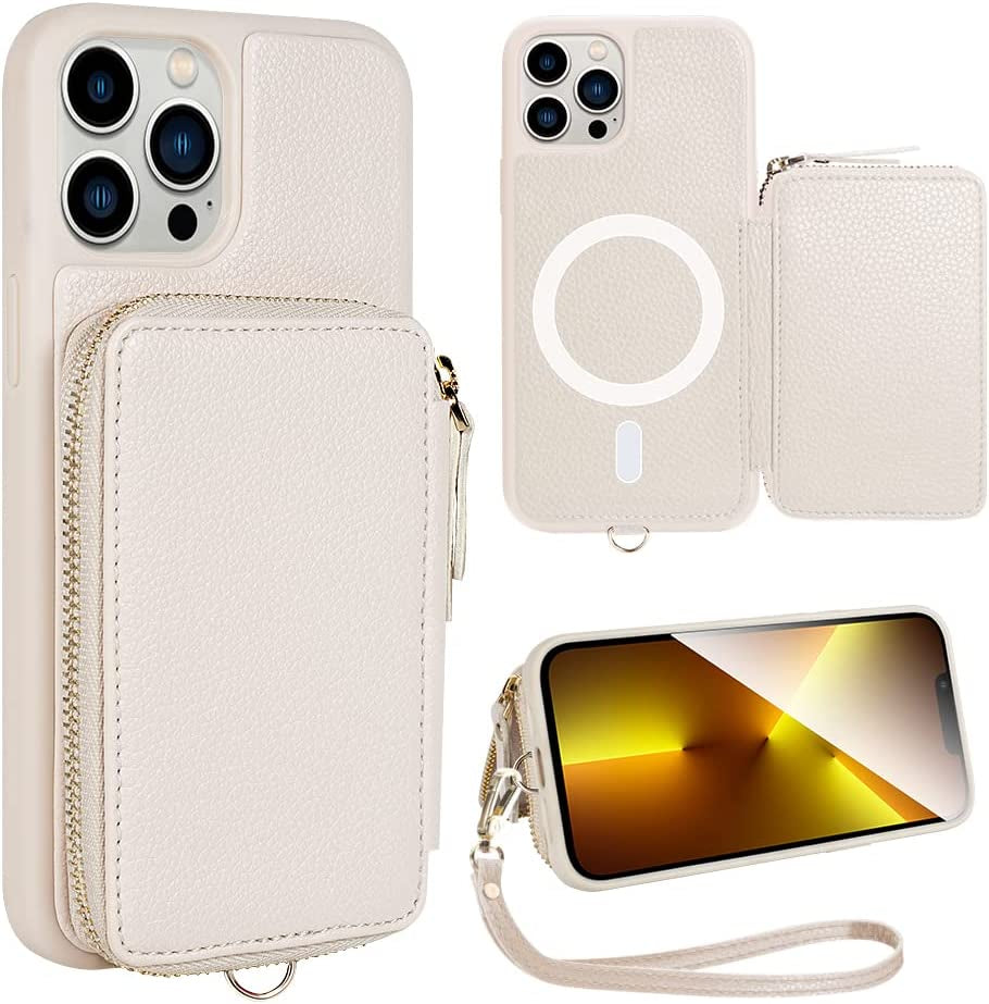 ZVE Wallet Case for Iphone 14 Pro Max 6.7 Inch, Magsafe Zipper Leather RFID Blocking Cards Holder Slots Case with Magnetic Wireless Charging, Protective Cover for Iphone 14 Pro Max 6.7"(2022)-Black  ZVE Beige iPhone 13 Pro Max 