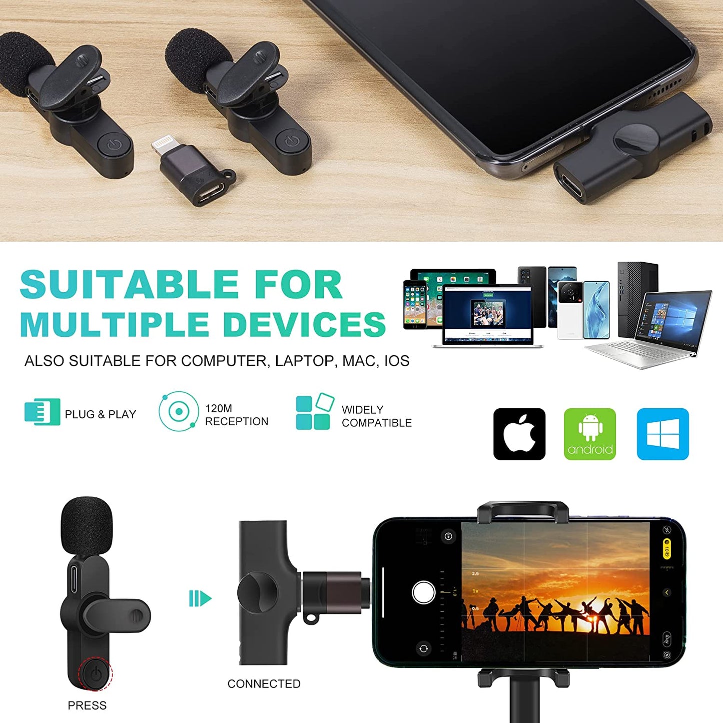 Wireless Lavalier Microphone Clip - Plug & Play Cordless Lapel Mic for Smart Phone, Laptop, Tablet - Active Noise Reduction Technology, Omnidirectional Condenser for Clear Audio Recording - 2-Pack  Generic   