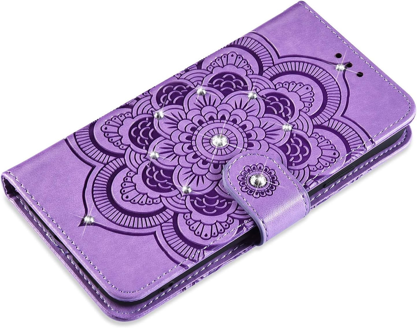 IKASEFU Compatible with LG G8 Thinq Case Shiny Sun Mandala Floral Rhinestone Pu Leather Diamond Bling Wallet Strap Case with Card Holder Shockproof Magnetic Flip Bumper Cover,Purple  IKASEFU   
