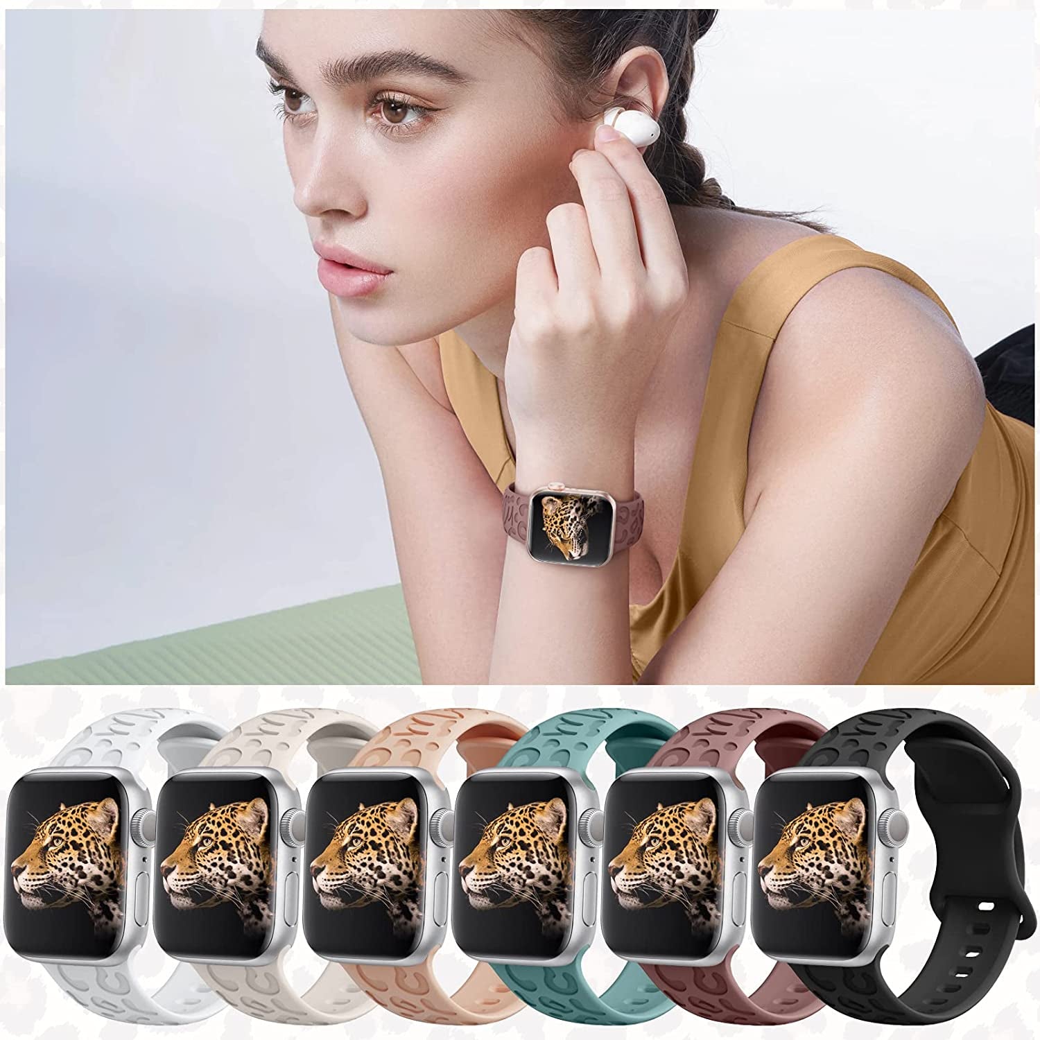 6 Pack Leopard Engraved Band Compatible with Apple Watch Band 38Mm 44Mm 45Mm 49Mm, Waterproof Cheetah Sport Silicone Wristbands Replacement for Iwatch Series 8 7 6 5 4 3 2 SE for Women Starlight-42  TurnForY   