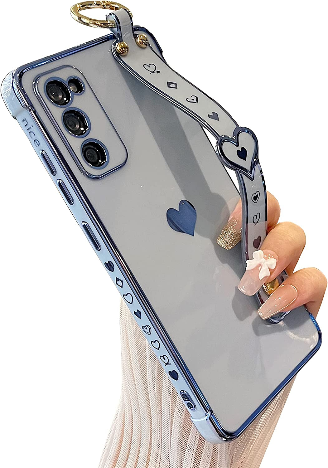 DEFBSC Compatible with Samsung Galaxy S22 Case, Electroplated Edge Love Heart Case with Wrist Strap, Full Camera Protection Raised Reinforced Corners Shockproof Soft TPU Cover, Black  DEFBSC Blue (Kickstand) Samsung Galaxy S22 