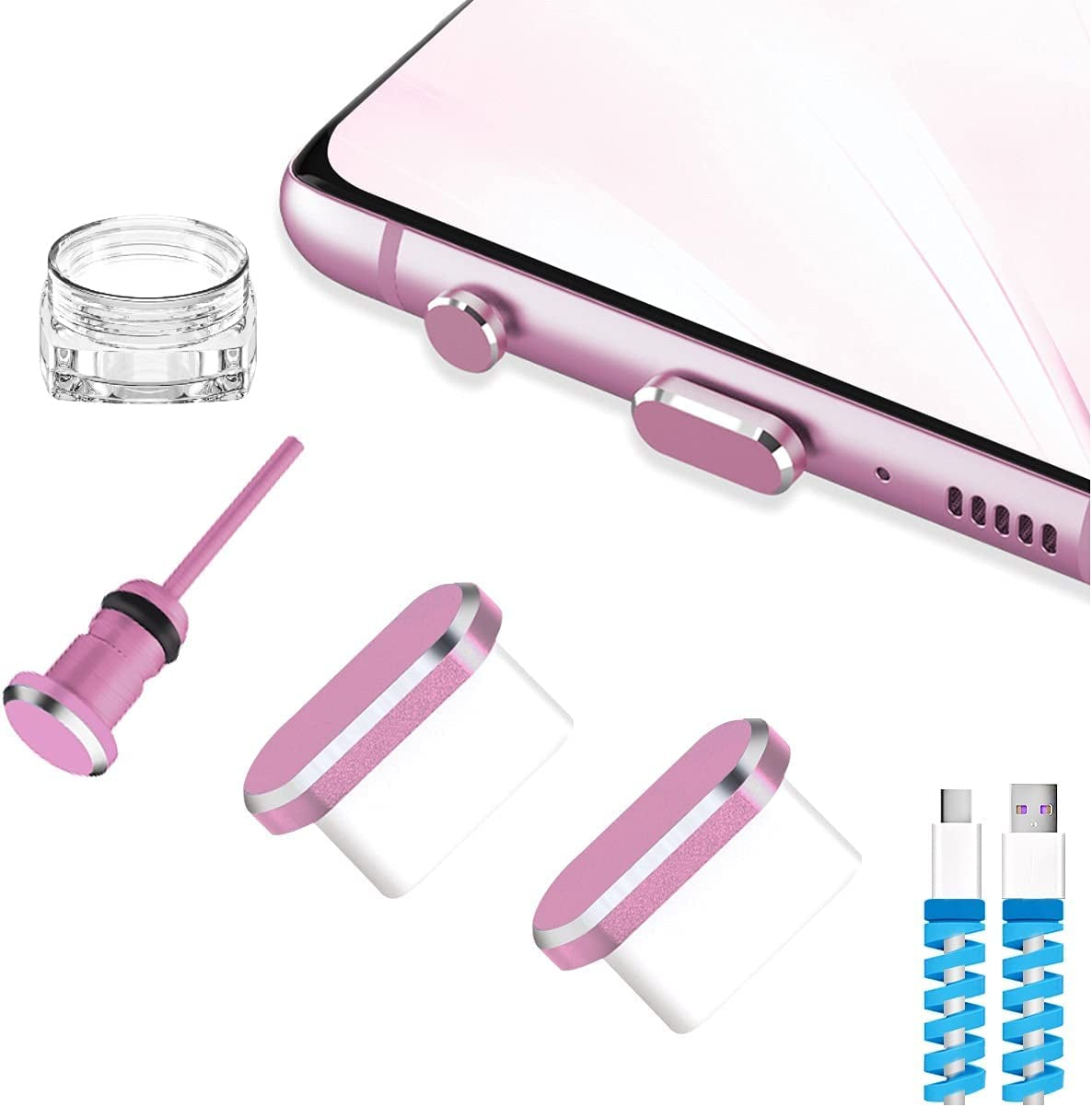 VIWIEU USB Type C Dust Plugs Charging Port Cover Caps with Earphone Jack Pin and Cable Protectors 2 Pack Compatible with Samsung Galaxy S22/S21/S20+ Ultra/Z Flip 4/Z Fold 4, Pixel 6A Oneplus 10T Black  VIWIEU Pink  