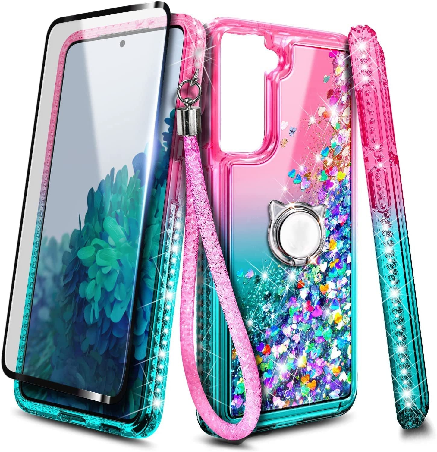 NGB Case for Samsung Galaxy S21 plus with Screen Protector (Maximum Coverage, Flexible TPU Film), Ring Holder, Girls Women Liquid Bling Sparkle Fashion Glitter Clear Cute Case (Pink/Aqua)  NGB   
