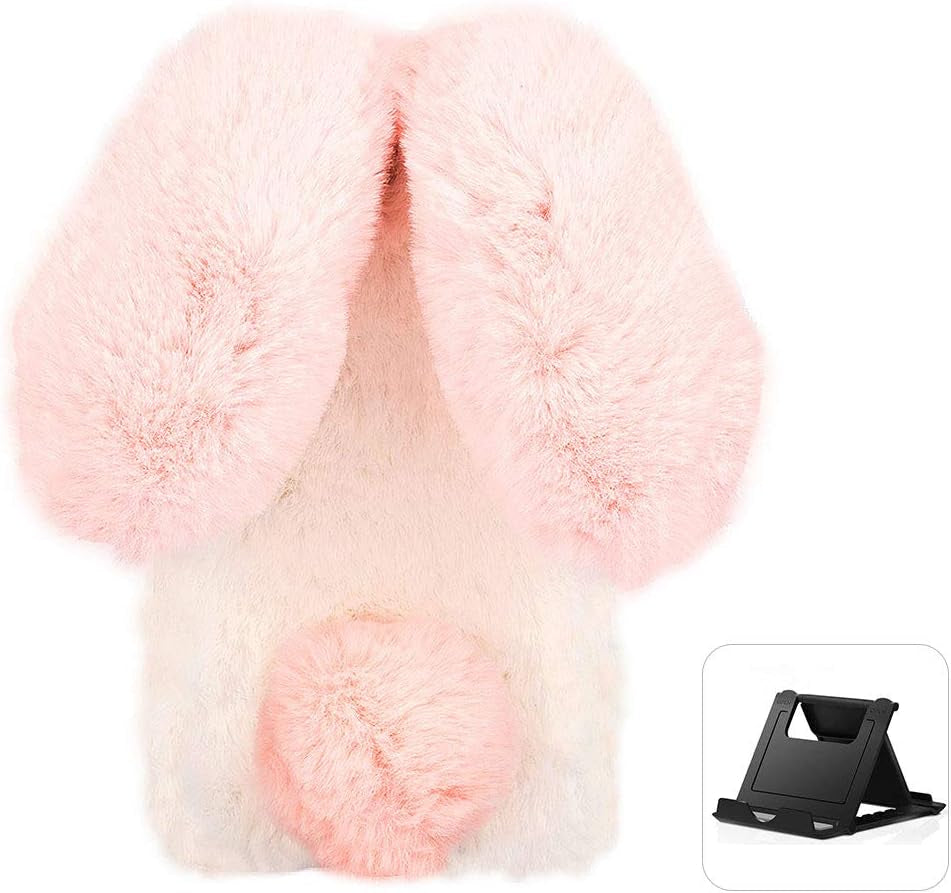 Shinyzone Plush Rabbit Case Compatible with Google Pixel 6 Pro,Fluffy Fuzzy Cute 3D Bunny Ears Soft Warm Case Faux Fur Shockproof TPU Back Cover with Bling Diamond Chic Bowknot,Dark Grey  Shinyzone Pink And White Google Pixel 6 Pro 