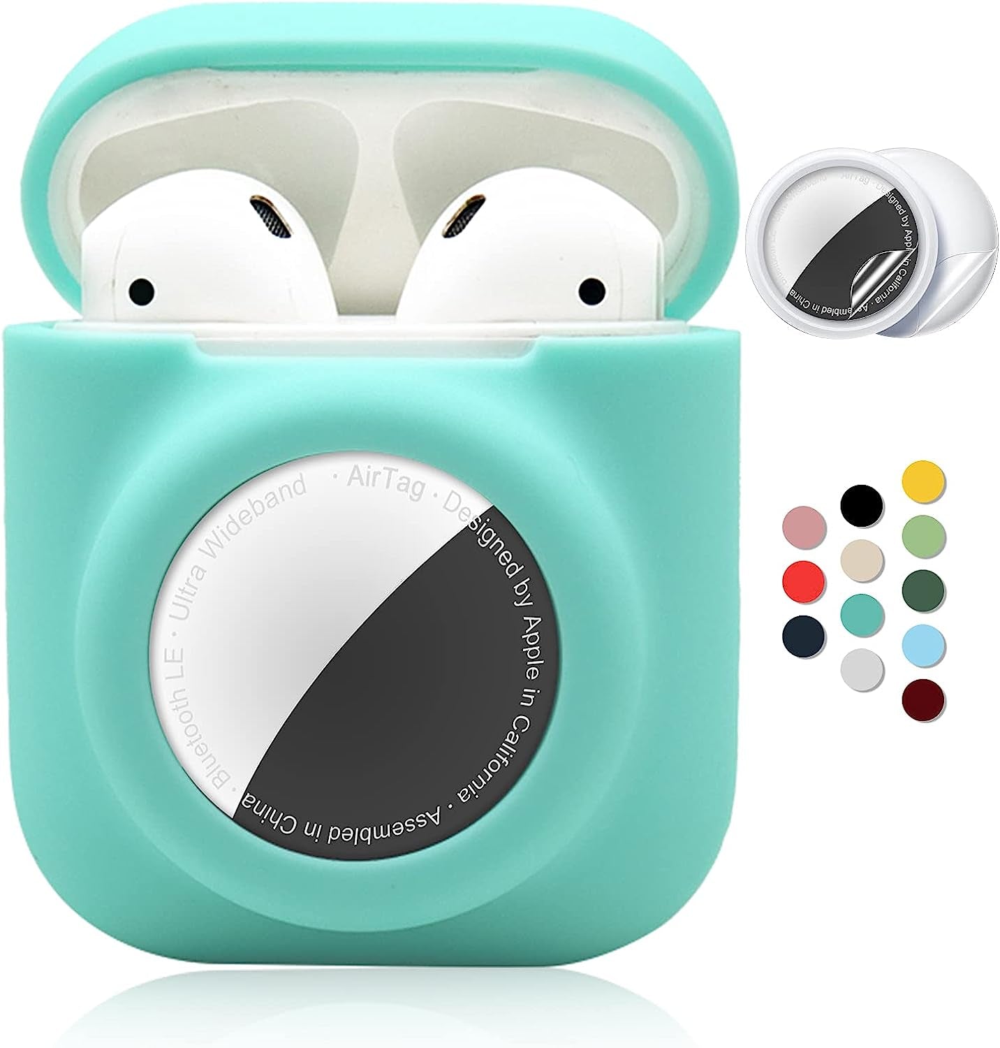 2 in 1 Silicone Protective Skin Cover Compatible with Airpod 1&2 and Airtag, Soft Comprehensive Protective Case with 2 PCS TPU Screen Protector, Anti-Scratch Anti-Fall Anti-Lost(Black)  Enspito MintGreen  