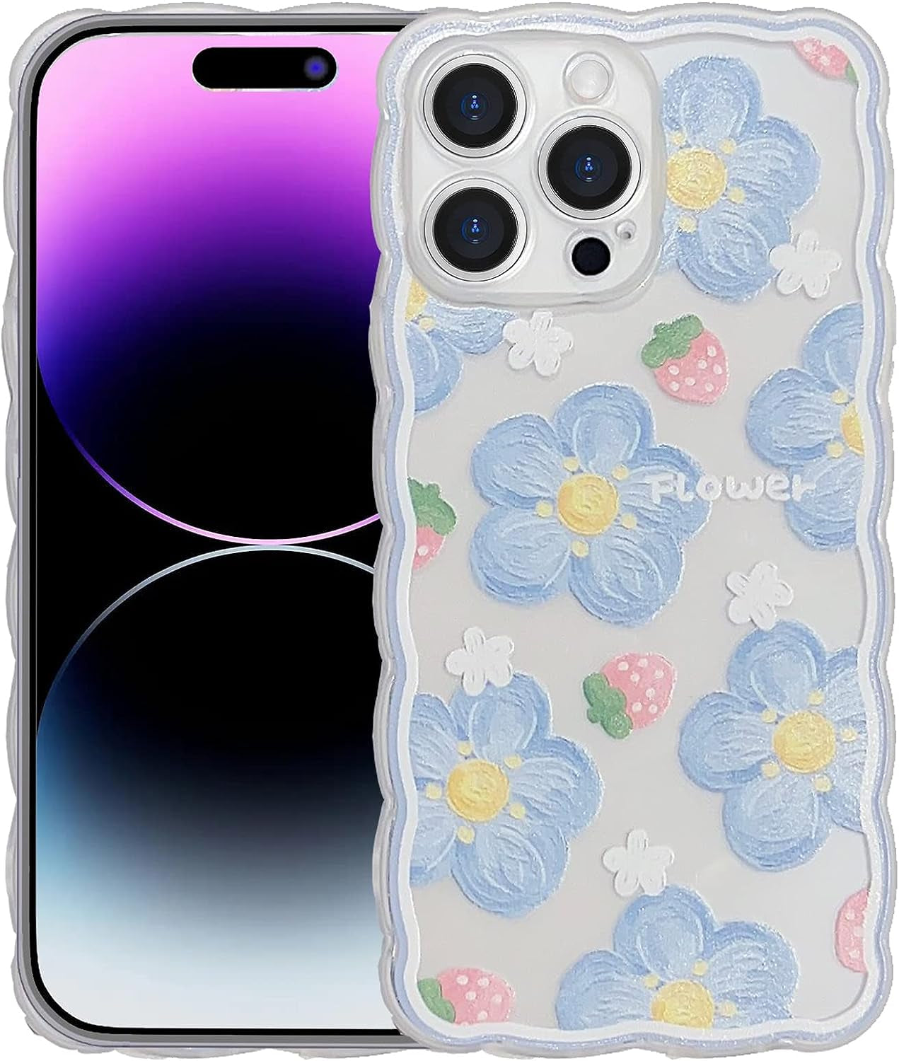 GUSDBSW Cute Iphone 14 plus Case for Women Girls, Lovely Floral Strawberry Pattern Wave Comfortable Grip Design for Girly, Slim Thin Soft Flexible TPU Clear Protective Phone Case - Blueberry Flower  GUSDBSW Blueberry Flower Iphone 14 Pro 