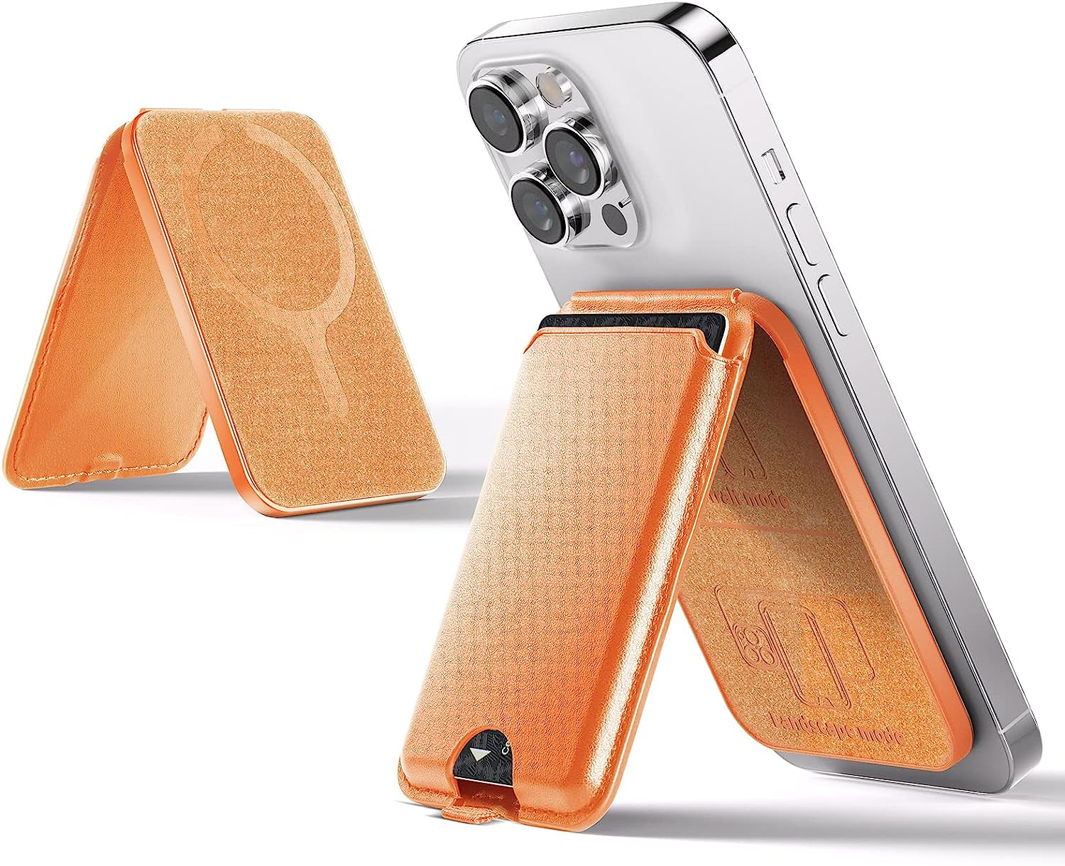 Qilmii Compatible Magsafe Wallet Stand for Apple, Skin Friendly Leather Card Slot with Adjustable Kickstand & Holder, Fit for Iphone 14/13/12 Series  kingxbar Orange  