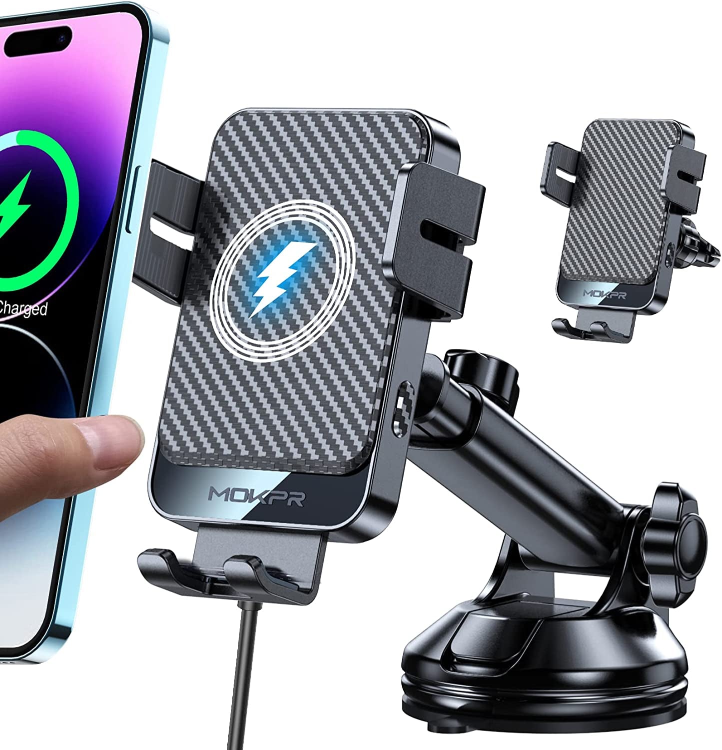 Wireless Car Charger, MOKPR 15W Fast Charging Auto-Clamping Car Mount Universal Hands-Free Car Charger Mount for Dashboard Windshield Air Vent Compatible with Iphone 14/13/12, Samsung S23/S22/S21,Etc  MOKPR   
