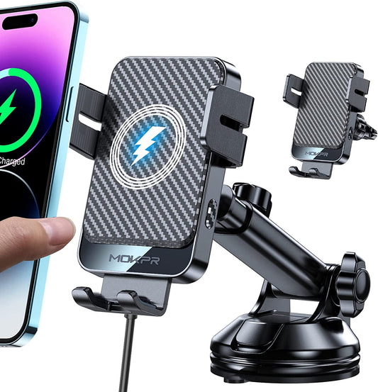 Wireless Car Charger, MOKPR 15W Fast Charging Auto-Clamping Car Mount Universal Hands-Free Car Charger Mount for Dashboard Windshield Air Vent Compatible with Iphone 14/13/12, Samsung S23/S22/S21,Etc  MOKPR   