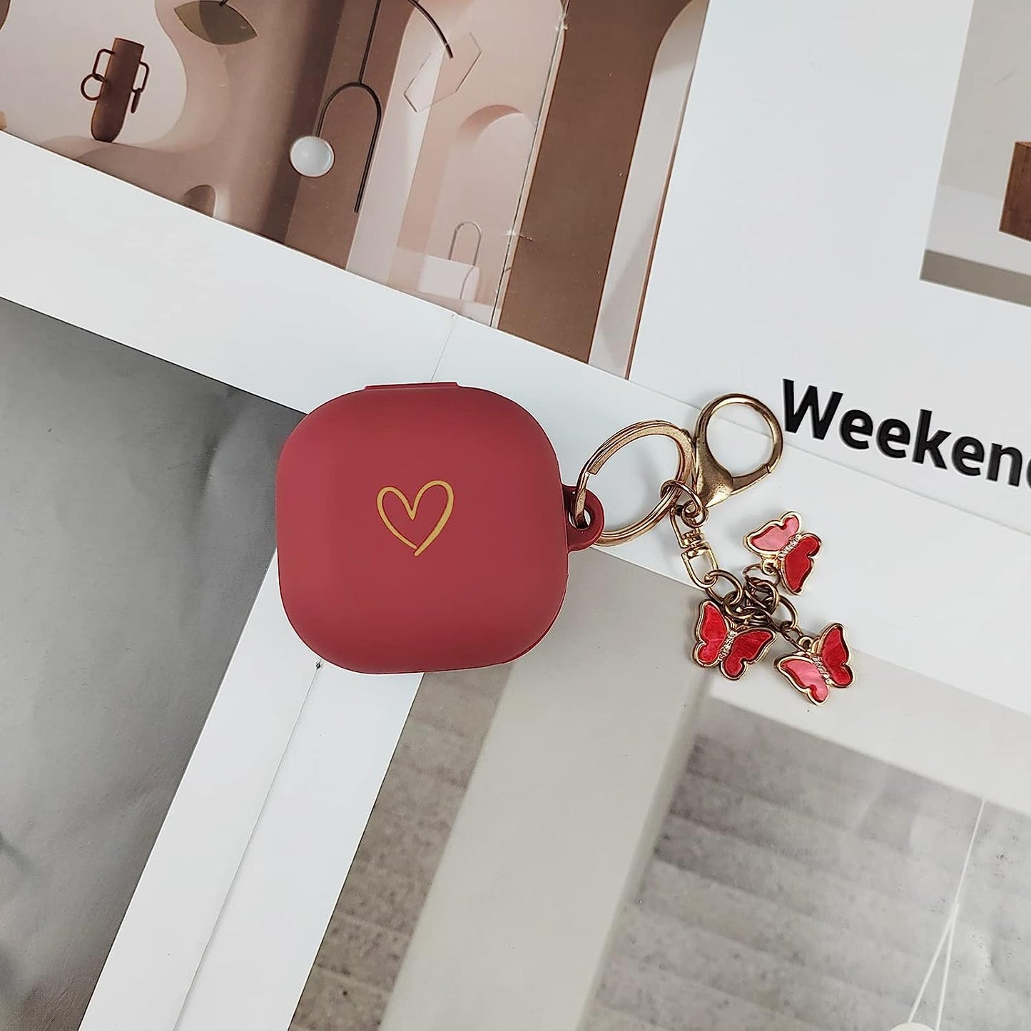 AIIEKZ Compatible with Samsung Galaxy Buds 2 / Buds Pro/Buds Live/Buds 2 Pro, Soft Silicone Case with Gold Heart Pattern with Cute Butterfly Keychain for Girls Women (Burgundy)  AIIEKZ   