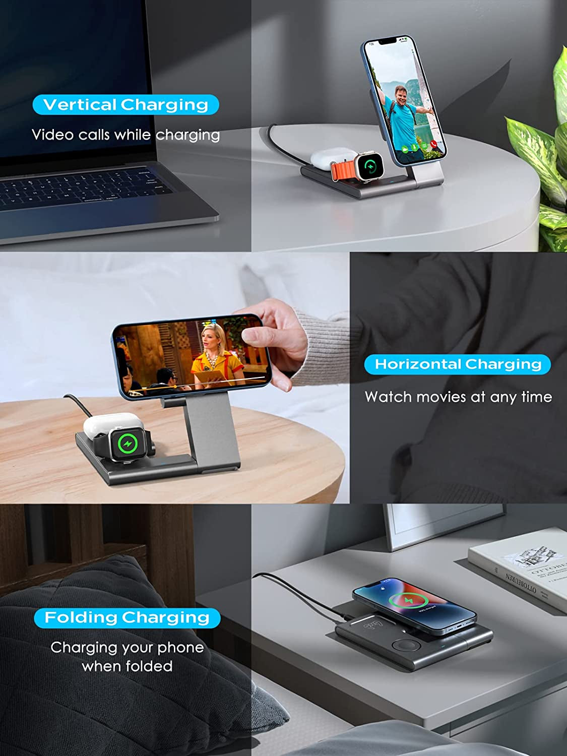 3-In-1 Fast Charging Foldable Magnetic Wireless Charger Magsafe Charger Stand for Iphone 14/13/12 Series, Iwatch 8-2, Airpods 3/2/Pro (With QC 3.0 Adapter)  Hinyx Technology (Shenzhen) Co., Ltd.   