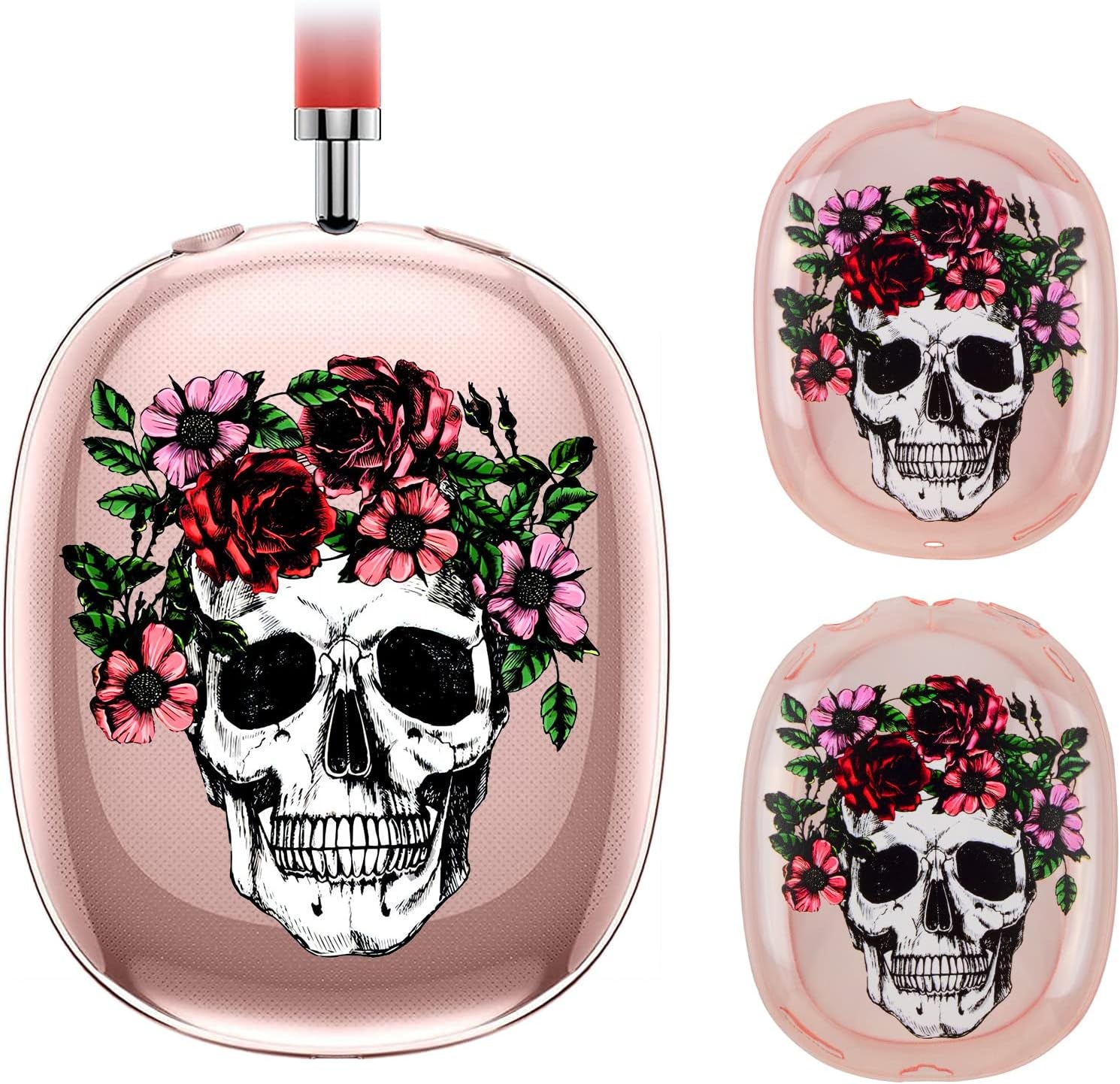 AIDERLOT Airpods Max Clear Cover Case,Cute Skull and Flowers Design,Clear Soft TPU Skin Case Compatible Airpods Max,Transparent Protective Cover for Apple Airpods Max(Pink  AIDERLOT   