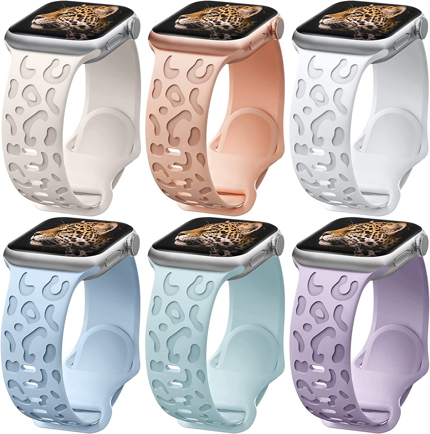 6 Pack Leopard Engraved Band Compatible with Apple Watch Band 38Mm 44Mm 45Mm 49Mm, Waterproof Cheetah Sport Silicone Wristbands Replacement for Iwatch Series 8 7 6 5 4 3 2 SE for Women Starlight-42  TurnForY E-White/ Starlight/ Pink Sand/ Light Blue/ Light Green/ Light Purple 42mm/44mm/45mm/49mm 