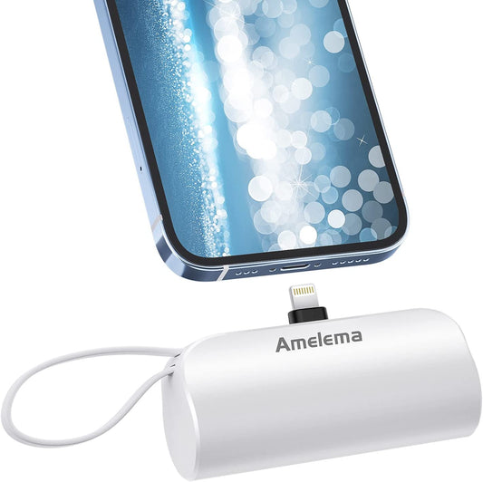 Amelema Small Portable Charger for Iphone, 5000Mah Mini Power Bank with Built-In Cable/Metal Stand, Cute Battery Pack Compatible with Iphone 14/14 Plus/Pro Max/13/12/11/Xs/Xr/X/8/7/Airpods (White)  Amelema   